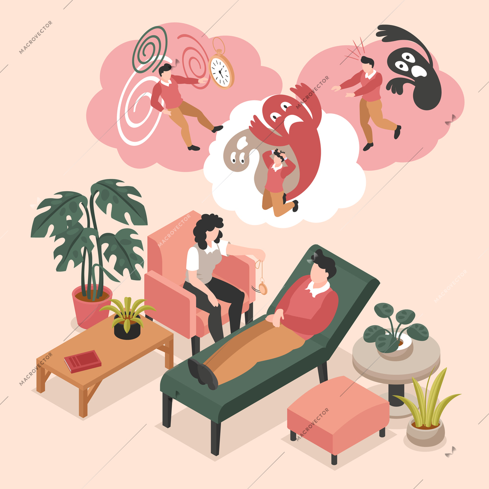 Isometric hypnosis therapy concept with psychoanalyst patient on couch vector illustration