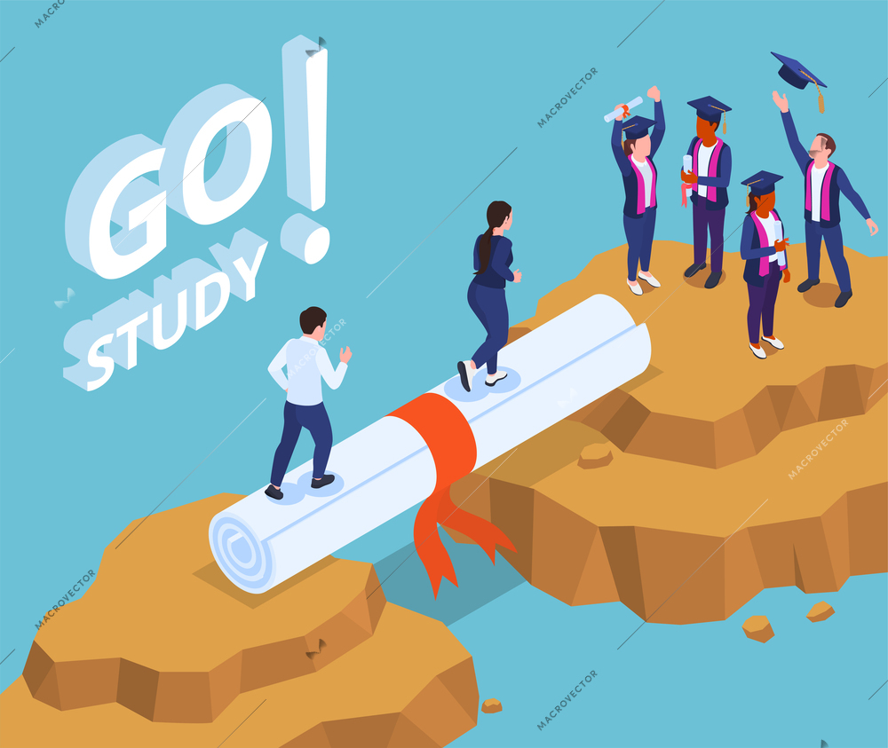 College isometric concept with graduating university students climbing on rolled diploma vector illustration