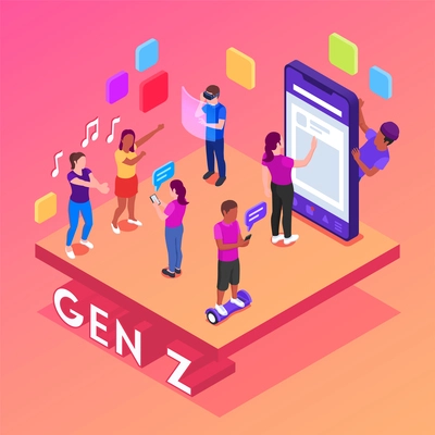 Generation Z isometric concept with young people using different gadgets vector illustration