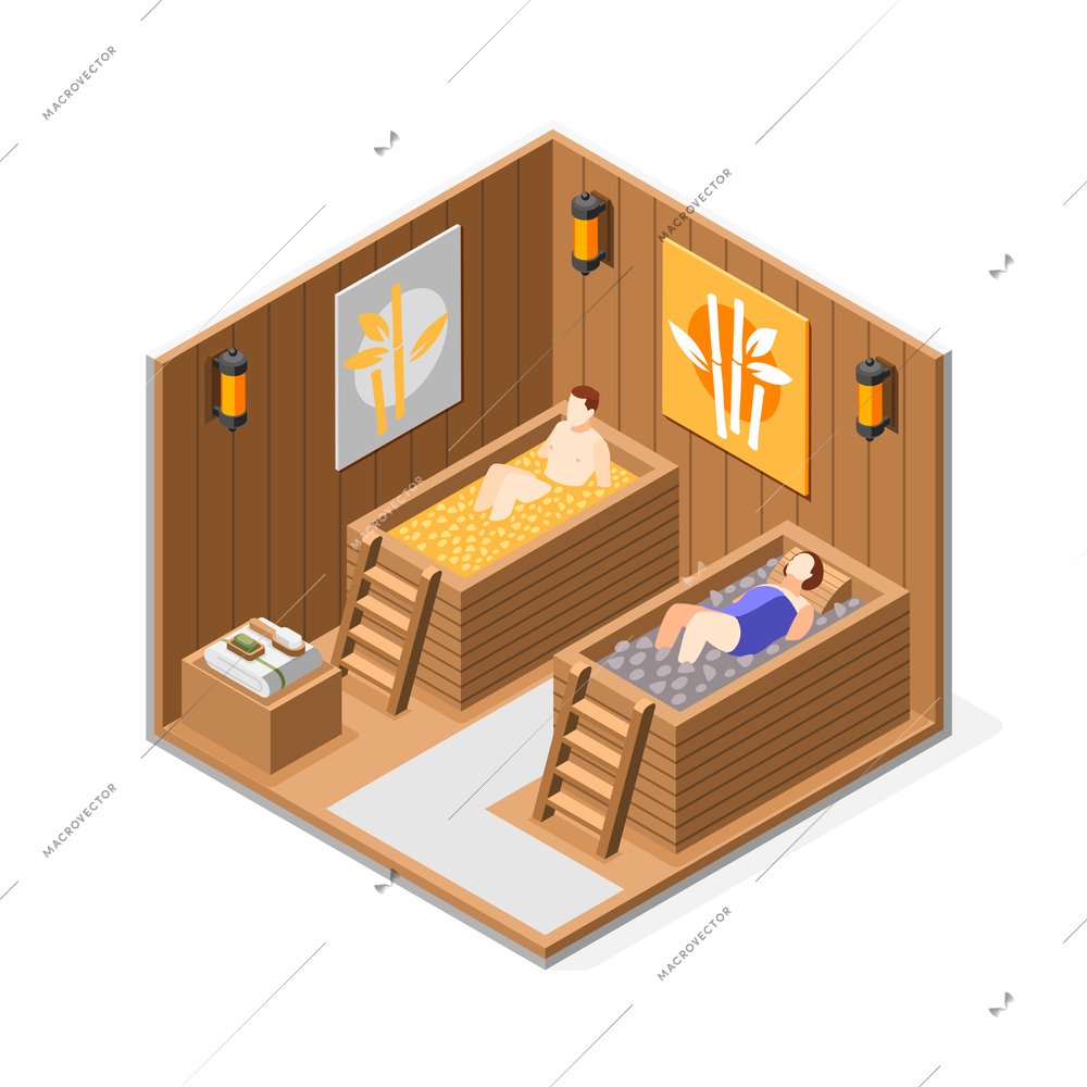 Japanese bathhouse 3d composition with couple enjoying wellness and relaxation water procedures isometric vector illustration
