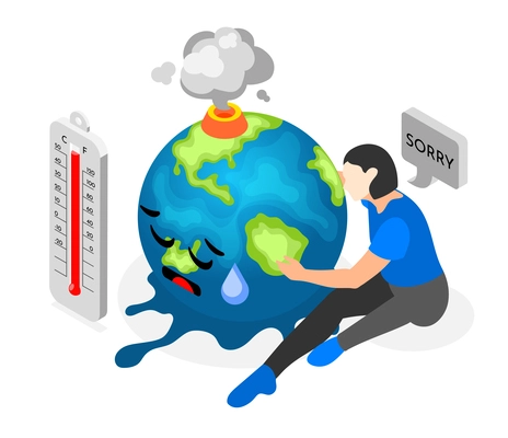 Climate change isometric composition with melting overheated globe vector illustration