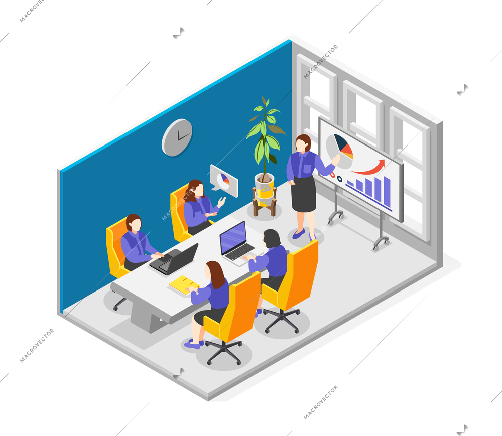 Business training isometric composition with leadership strategy presentation vector illustration