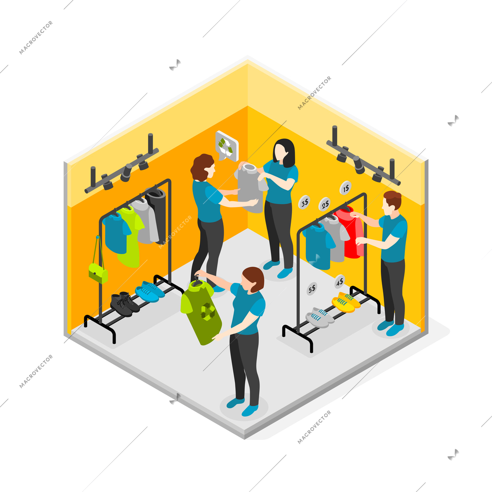 Sustainable fashion isometric composition with recyclable clothes store vector illustration