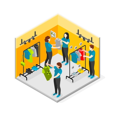 Sustainable fashion isometric composition with recyclable clothes store vector illustration