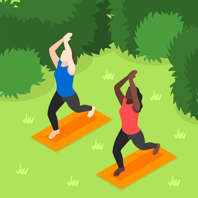 World tai chi and qigong day isometric background with women practicing outdoors vector illustration