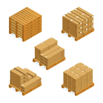 Isometric cargo containers set of wooden pallets and cardboard boxes isolated vector illustration