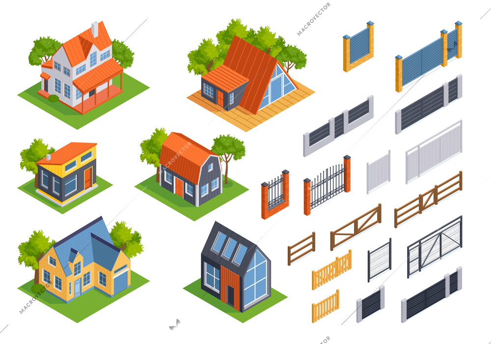 Isometric set of private houses and fence elements isolated vector illustration