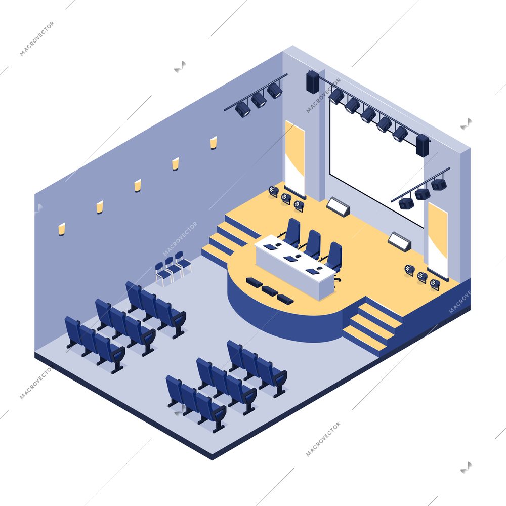 Isometric empty press conference hall with auditory chairs and screen vector illustration