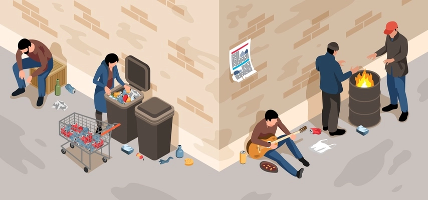 Isometric poverty scene with homeless people living on streets vector illustration