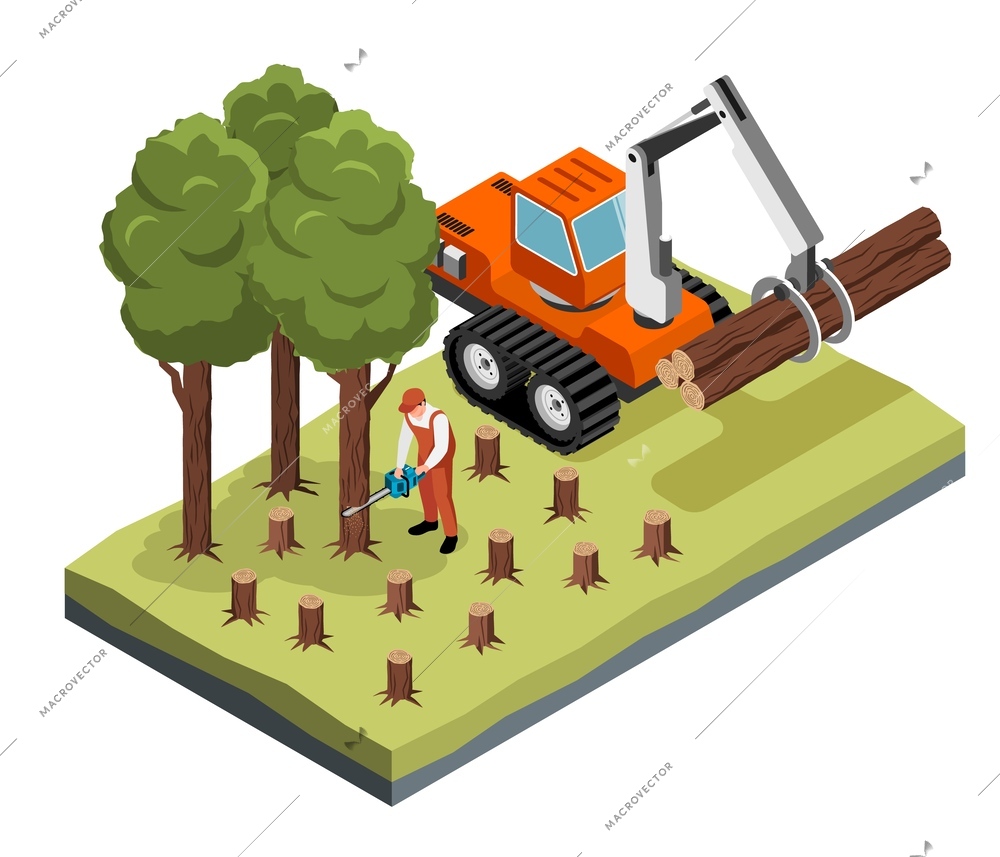 Isometric deforestation concept with lumberjack sawing trees vector illustration