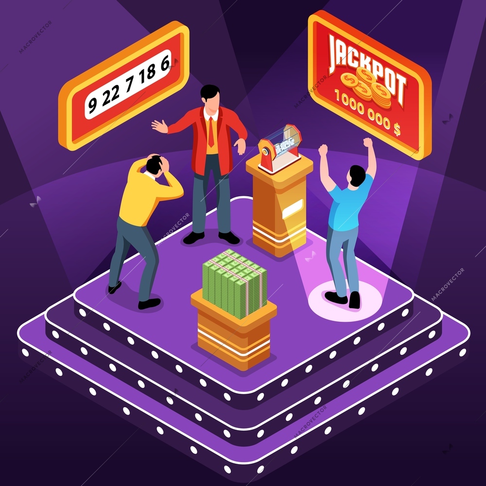 Isometric bingo lottery concept with people winning and losing vector illustration