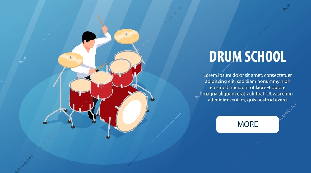 Isometric musicians horizontal banner with performer playing drums vector illustration