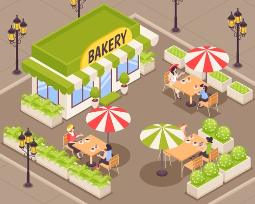 Isometric street cafe with people eating and drinking coffee outdoors vector illustration