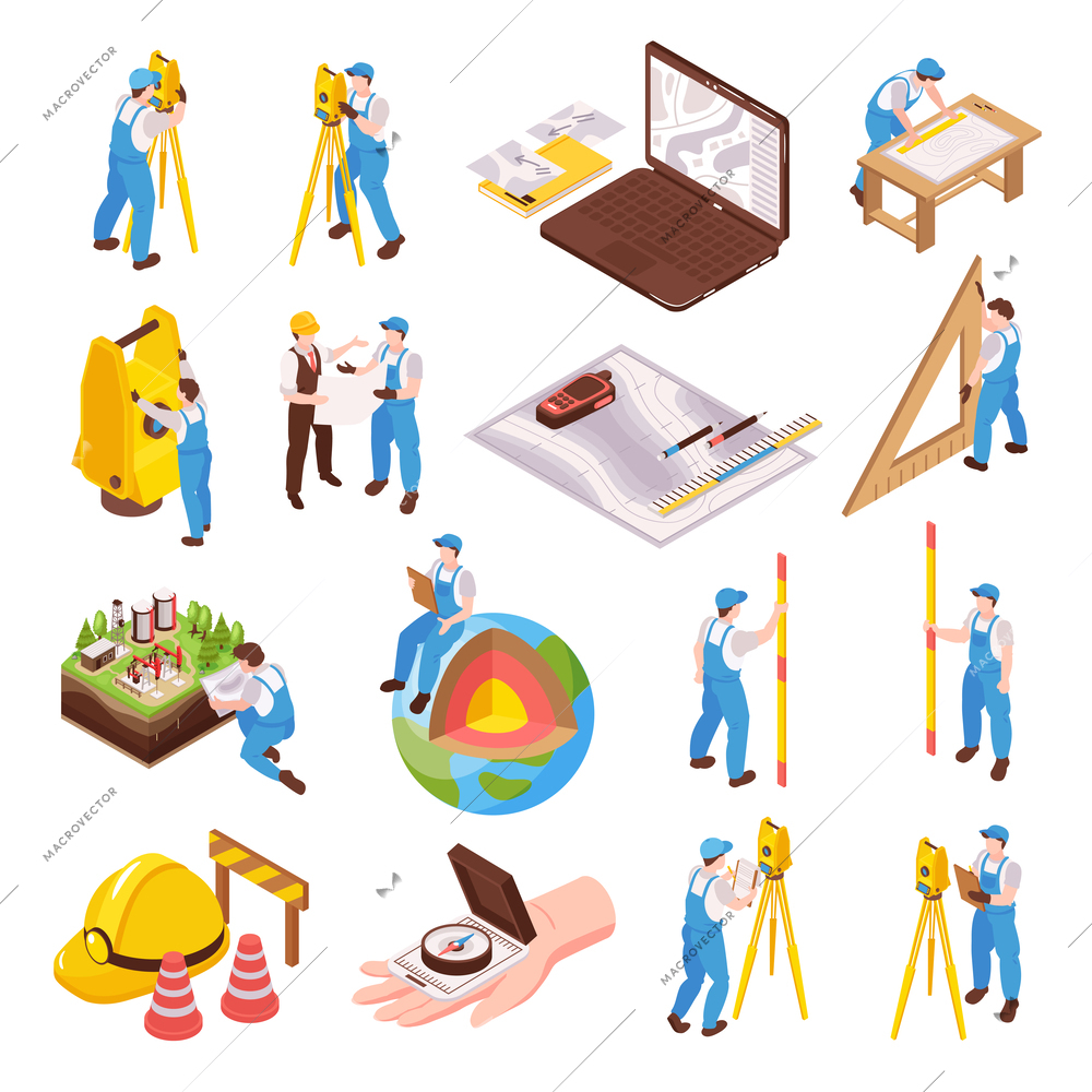 Isometric engineer surveyor icons set with topography and architect tools isolated vector illustration