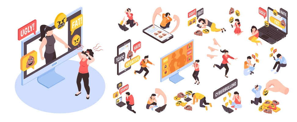 Isometric cyberbullying icons set with aggressive comments and online pressure isolated vector illustration