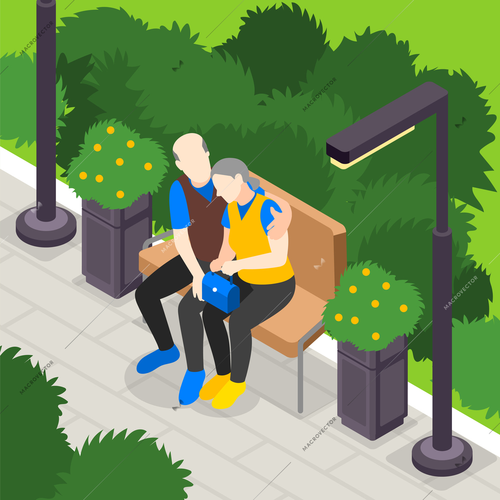 Empathy characters isometric background with people hugging on the bench vector illustration