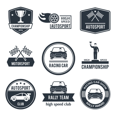 Auto sport black label set with championship motorsport racing car emblems isolated vector illustration