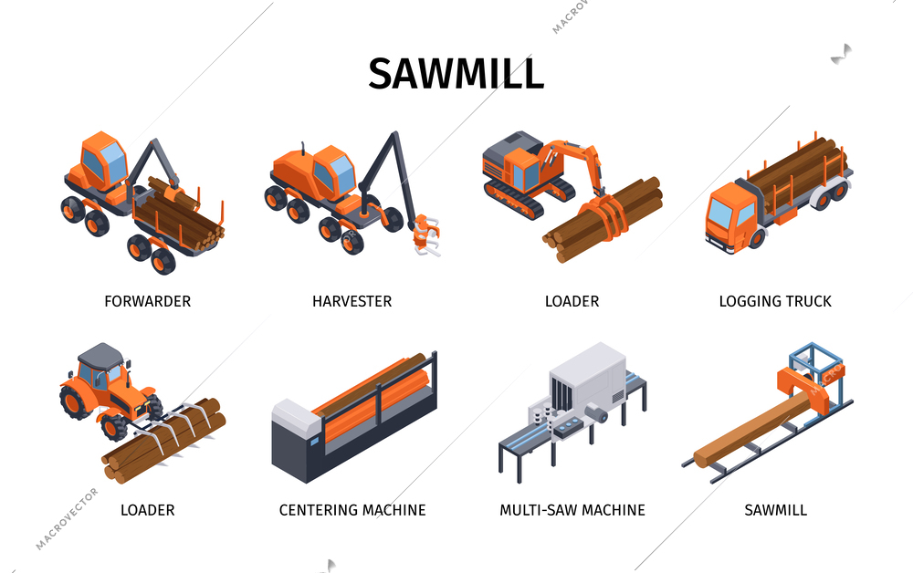 Isometric sawmill set with harvester loader and forwarder machines isolated vector illustration