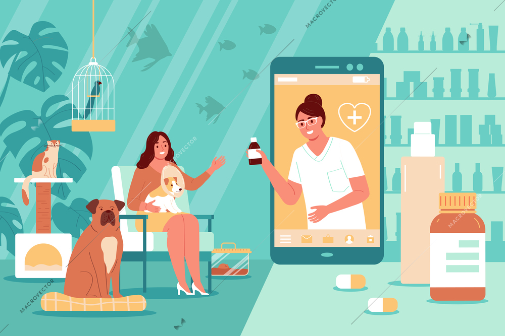 Vet service design concept with female owner of big dog getting consultation online using smartphone app vector illustration