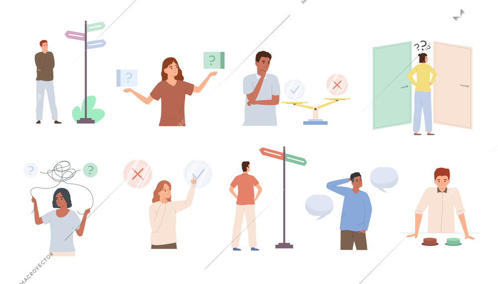 People making decisions flat set with thoughtful men and women in various situations isolated vector illustration