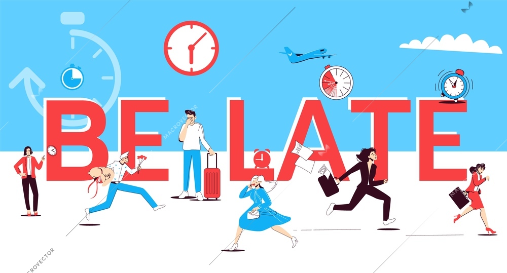 Be late flat composition with text surrounded by time alarm clock icons and running people characters vector illustration