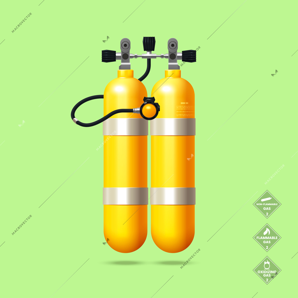 Diving gas cylinders and tanks realistic concept with oxygen symbols vector illustration