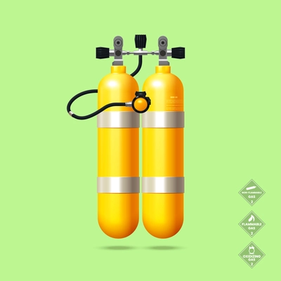 Diving gas cylinders and tanks realistic concept with oxygen symbols vector illustration