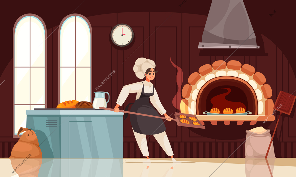 Baker flat poster with woman in chef hat and apron introducing bread in  classic oven cartoon vector illustration