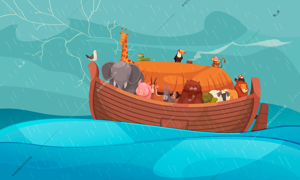 Noahs ark with pets during storm at sea flat color background cartoon vector illustration