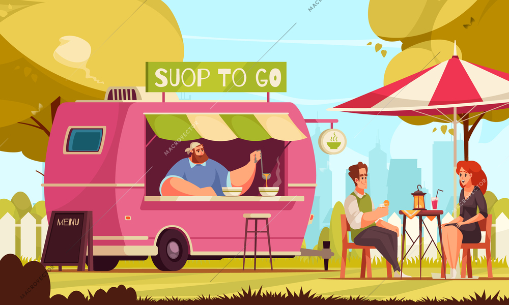 Small business flat background with owner of street cafe serving visitors from food truck vector illustration