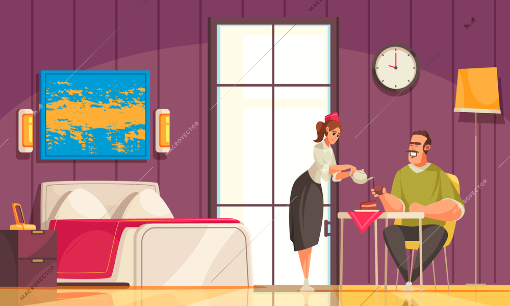 Hotel room interior flat composition with chambermaid pouring tea guest sitting at set table vector illustration