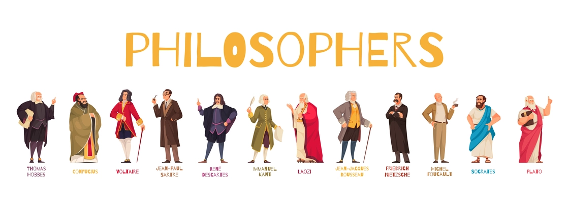 Famous philosophers and scientists horizontal set such as rene descartes thomas hobbes jean jacques rousseau michel foucault isolated vector illustration