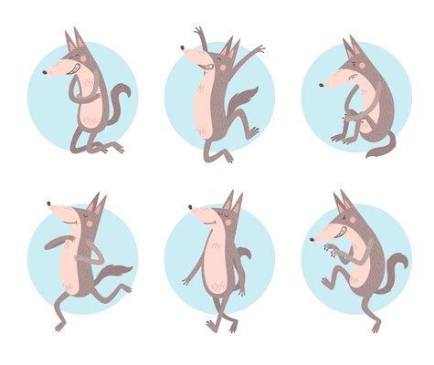 Cartoon set of wolf character in different poses isolated vector illustration