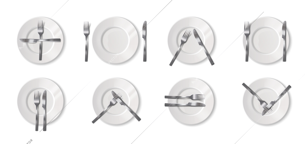 Realistic restaurant dining etiquette set with various positioning of cutlery on plate isolated vector illustration