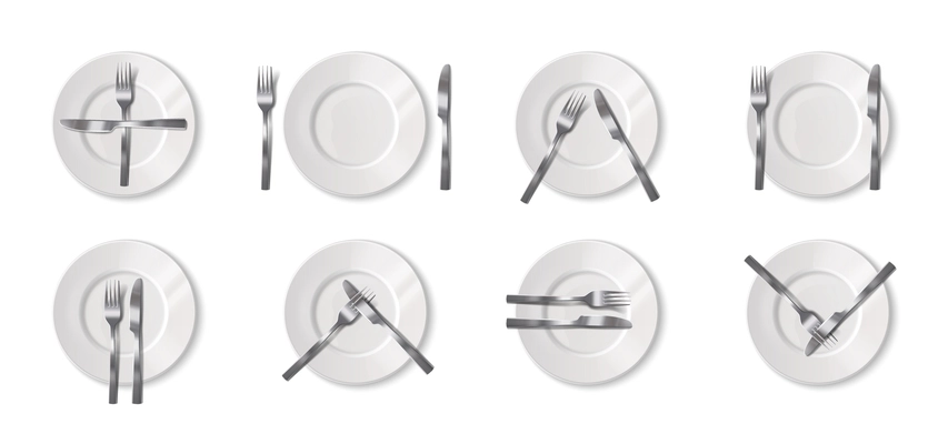 Realistic restaurant dining etiquette set with various positioning of cutlery on plate isolated vector illustration