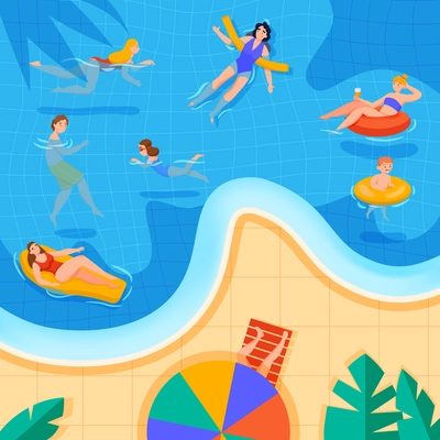 Swimming colored concept women and children swimming and relaxing in the pool vector illustration