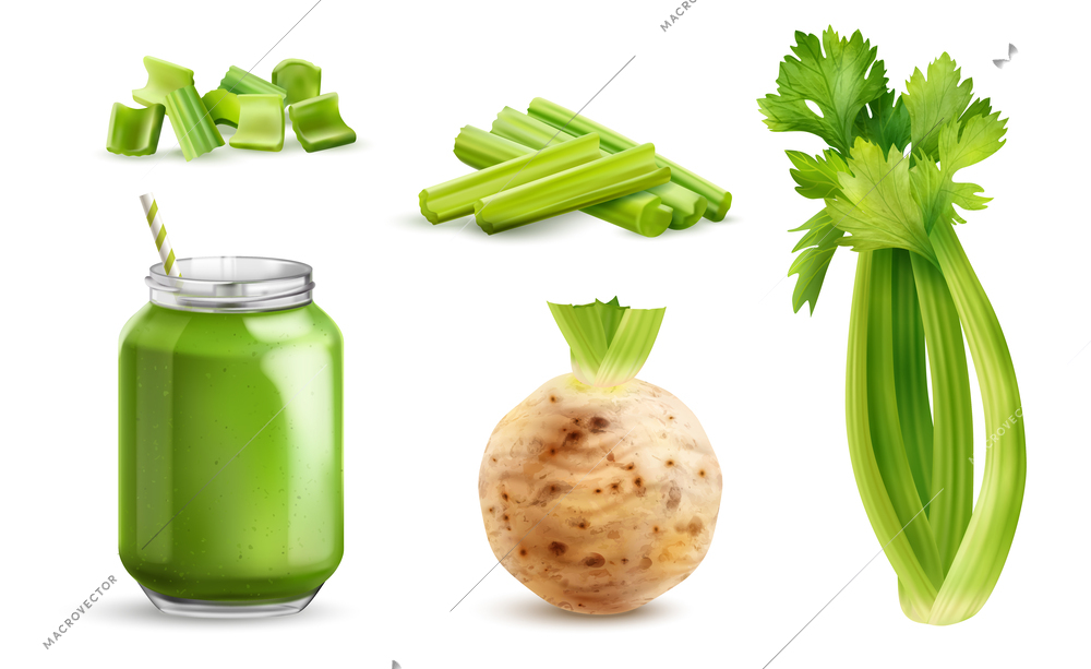 Realistic celery icon set chunks of sliced stem round root and green smoothie vector illustration