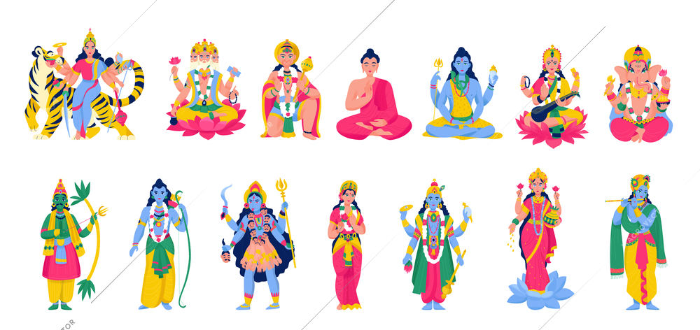Ancient indian hindu gods icon set various deities in expensive costumes sit in the lotus position and stand on their feet vector illustration