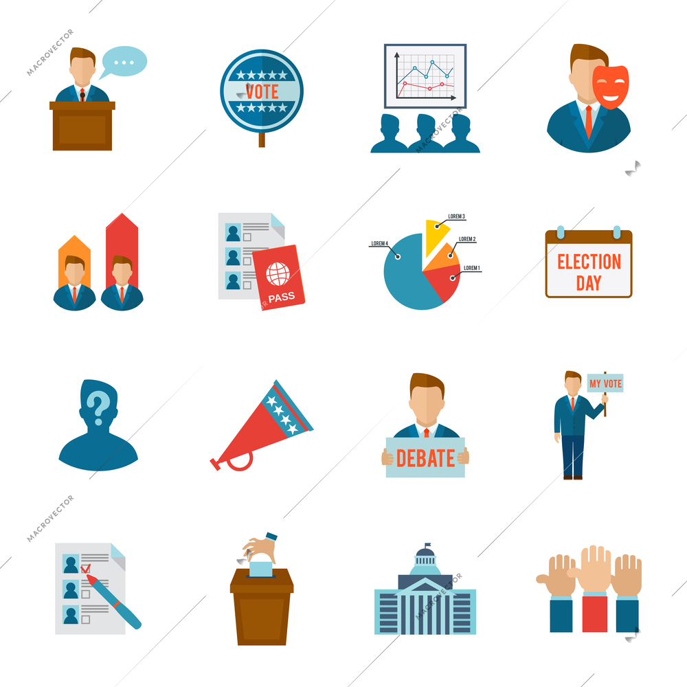 Election political and government voting process icon flat set isolated vector illustration