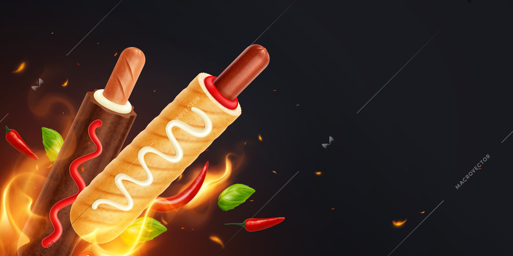 French hot dog realistic composition with black background and set of flying pepper leaves and fire vector illustration