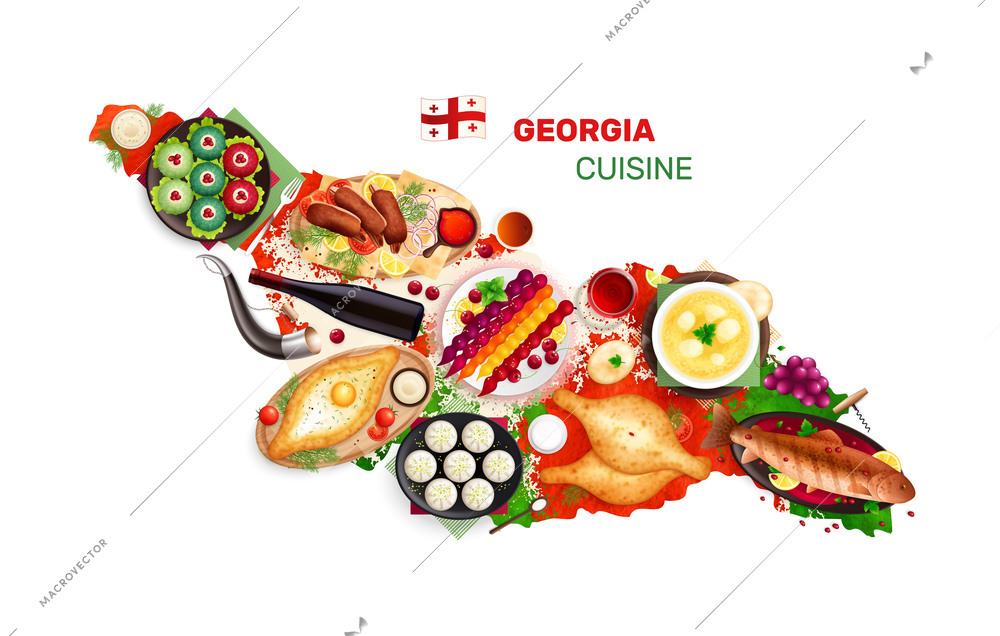 Traditional cuisine map realistic composition with view of georgian country border with dishes and national symbols vector illustration