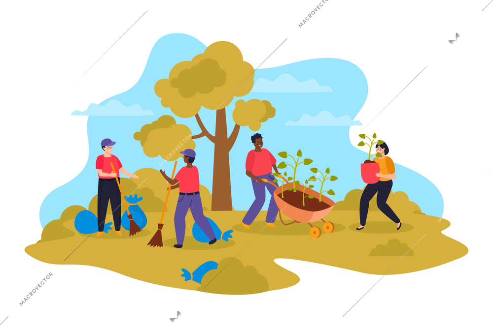 Colored donation and volunteer work flat composition volunteers clean up the street and plant new trees in the park vector illustration