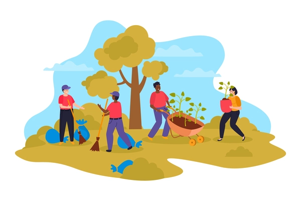 Colored donation and volunteer work flat composition volunteers clean up the street and plant new trees in the park vector illustration