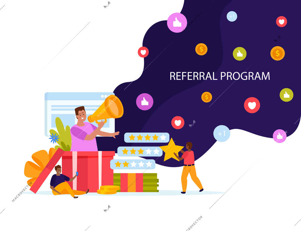 Referral program flat and colored composition man with the megaphone encourages new users vector illustration