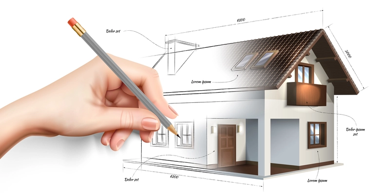 Realistic modern house drawing composition with hand drawing symbols vector illustration