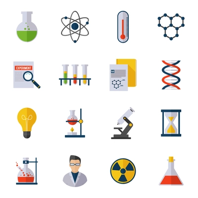 Chemistry icon flat set with scientist atom molecule dna isolated vector illustration