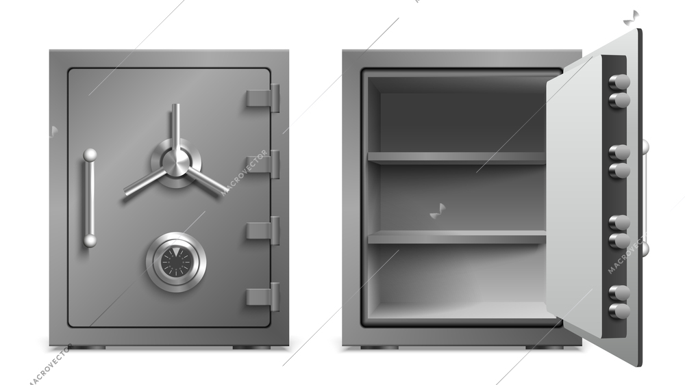 Safe lockers doors composition with banking symbols realistic isolated vector illustration