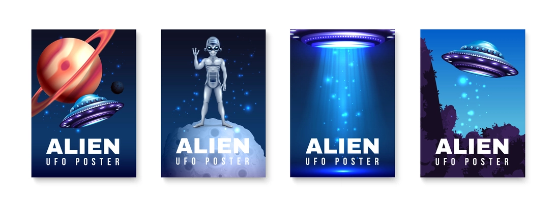 Alien ufo poster set with outer space symbols realistic isolated vector illustration