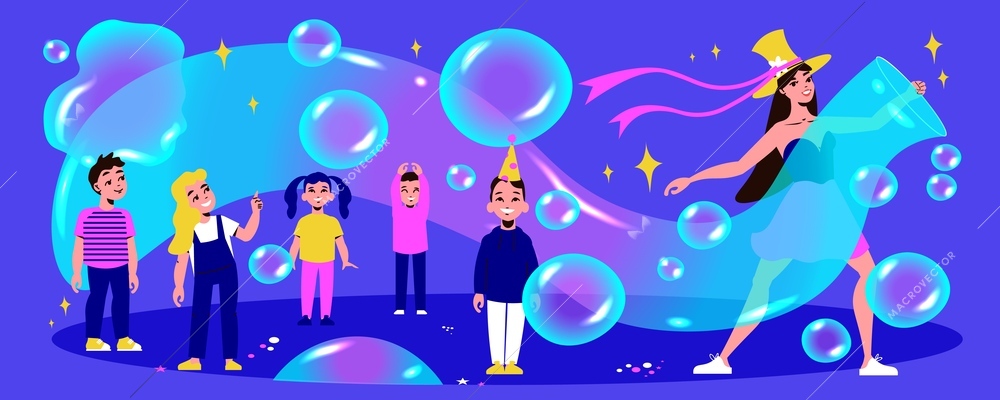 Children playing with artist making soap bubbles show flat vector illustration