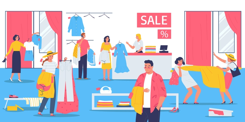 Big sale flat composition with poeple fighting in fashion store vector illustration